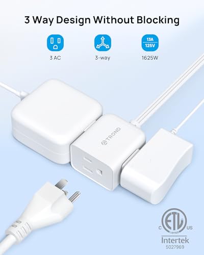 TROND Flat Extension Cord 6 Feet - Right Angled Flat Plug Power Strip, ETL Listed, 3 Plug Extension Outlets, Three Prong, SPT 16/3 Gauge, 13A, Small for Indoor Home Office Cruise Ship Travel, White