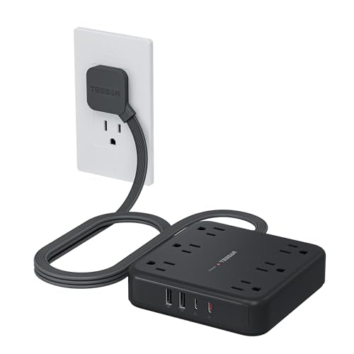 TESSAN 5Ft Black Extension Cord with Multiple Outlets, Surge Protector Power Strip with 6 Outlets and 4 USB Ports (2 USB C), 2100 Joules Protection, Flat Plug, Outlet Extender for Home, Office, Dorm