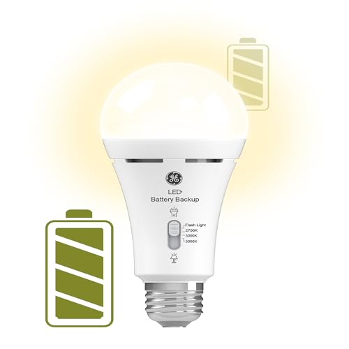 GE LED+ Backup Battery LED Light Bulbs, A21 Rechargeable Light Bulbs for Power Outages and Emergencies, Flashlight, 3 Color Temperatures (2 Pack)