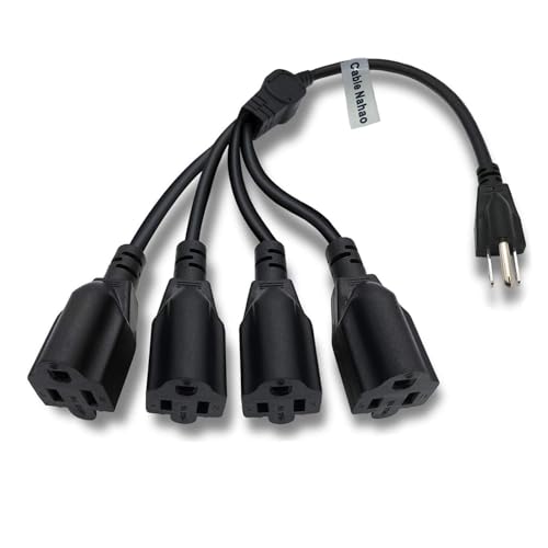 3 Prong 1 to 4 Outlet Power Cord Splitter Cord,Indoor Outdoor Cable Strip Outlet Saver,Power Extension Cable,SJT 16AWG,ETL Approved for Computer, LED Stage Light(20 Inch, Black)