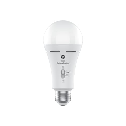 GE LED+ Backup Battery LED Light Bulbs, A21 Rechargeable Light Bulbs for Power Outages and Emergencies, Flashlight, 3 Color Temperatures (2 Pack)