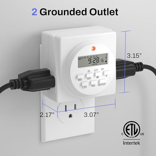 BN-LINK Indoor Digital Timer Outlet, Dual Outlet 7 Day Programmable Light Switch, 3 Prong Plug in Timers for Electrical Outlets, Lamps, Fans, 8 On/Off Programs, 1 Pack, 15A/1875W, ETL Listed