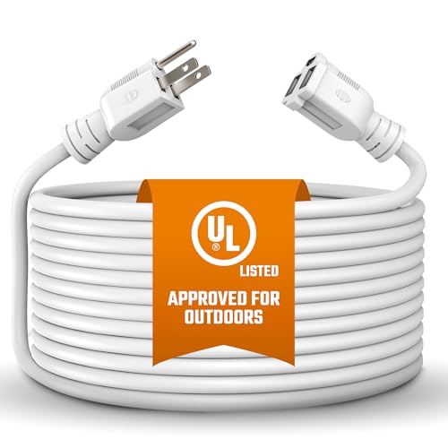 Outdoor Extension Cord Waterproof 10 Ft, White, Indoor, Outdoor Power Cord, Heavy Duty 16/3, Single Outlet, UL Listed, 3-Prong, Grounded Outlet, Extension Wire.
