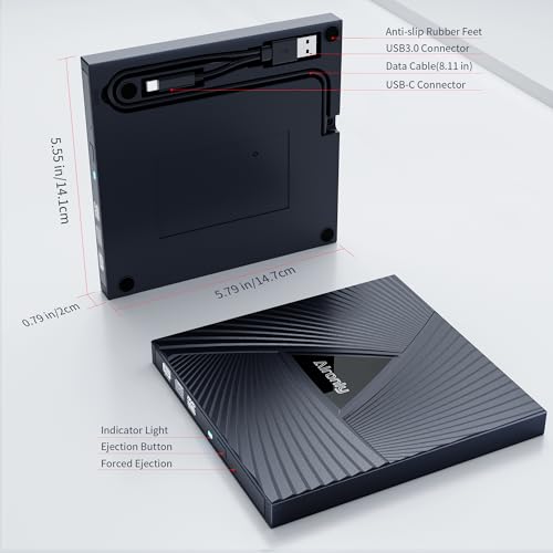 External CD/DVD Drive for Laptop/PC, USB 3.0 Type-C Portable Player for Computer CD DVD +/-RW Disk Drive CD Burner Writer Reader Compatible with Desktop Windows Apple (Functional Interface)