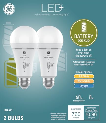 GE LED+ Backup Battery LED Light Bulbs, A21 Rechargeable Light Bulbs for Power Outages and Emergencies, Flashlight, 3 Color Temperatures (2 Pack)