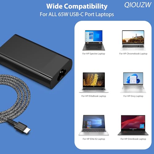 65W USB C Slim Laptop Charger Compatible with HP Laptop Charger HP Spectre X360 Elitebook Envy Omnibook Chromebook Elite Dragonfly ProBook Zbook Fast Charing Type C AC Adapter Power Cord Supply