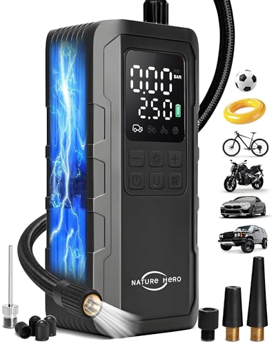 Tire Inflator Portable Air Compressor - 150PSI Cordless Portable Air Pump for Car Tires with Pressure Gauge & LED Lights - 3X Faster Tire Pump for Car, Motorcycle, Balls and Bicycle, Black