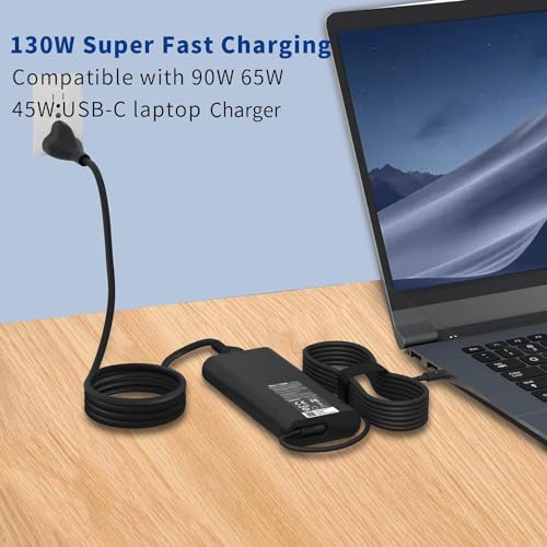 130W USB-C Laptop Charger for Dell – Fast Type-C Power Adapter for XPS 15/17, Precision & Latitude Series (Slim AC Power Cord)