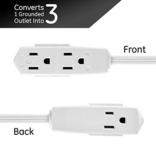 GE 3-Outlet Flat Extension Cord 15 Ft Grounded Extension Cord with Multiple Outlets 3 Prong Outlet Extender Flat Plug Power Strip Indoor 16 Gauge UL Listed White 56986