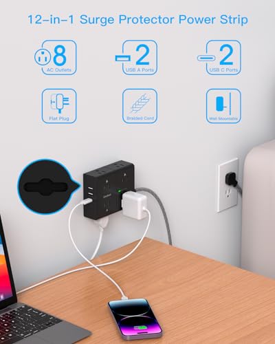 Surge Protector Power Strip 25 Ft Cord, Ultra Thin Flat Extension Cord with 8 Outlets 4 USB Ports(2 USB C), Flat Plug Power Strip, 25 Ft Long Braided Power Cord for College Dorm Room Essentials-BK