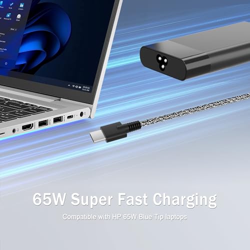 New Slim 65W USB C Laptop Charger Replacement for HP Laptop Charger Elitebook x360 Pavilion Spectre Chromebook Envy Elite x2 Computer Travel Type C Braided Cable Power Cord Ac Adapter