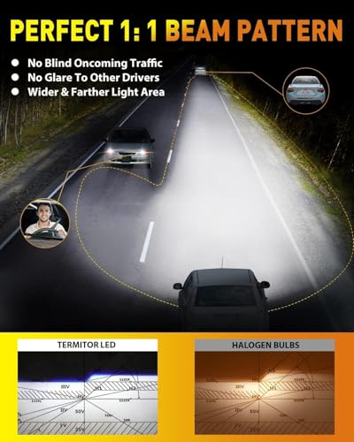 Latest H4/9003/HB2 Bulbs, 50,000LM Brightness Hi/Low Beam, 6500K Cool White, 1:1 Halogen Size Automotive Replacement H4 9003 Fog Lights, Plug-N-Play, IP68 Waterproof, Pack of 2