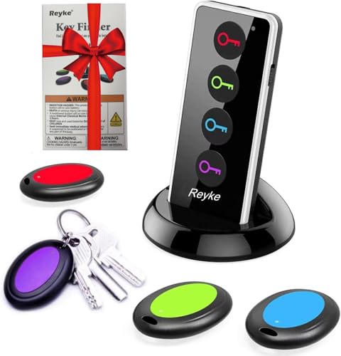 Reyke Key Finder, 80dB+ RF Item Locator Tags with 131ft. Working Range, Wireless Remote Tracker for Wallet, Phone, Glasses, Pet, 1 RF Transmitter & 4 Receivers
