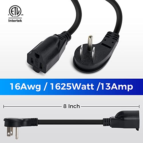 8 Inch Short Power Extension Cord 2Pack,45-Degree Low Profile Flat Plug 3-Prong Male to Female Heavy Duty Grounded Power Extension Cable Outlet Saver Socket Adapter, ETL Listed, 16AWG, SJTW 13A 1625W