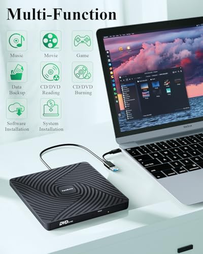 PeroBuno External CD DVD Drive, USB 3.0 Type-C Optical Drive, 0.5-inch Ultra-Slim Portable DVD CD ROM Disc Player Reader Writer Rewriter Burner Recorder for Laptop PC MacBook Windows Linux Mac OS