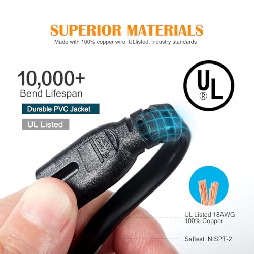 [UL Listed] TV Power Cord 10Ft(3.1m) for Samsung TCL Roku Replacement 2 Prong AC Power Cord UN40 UN43 UN48 UN49 UN50 UN55 UN60 UN70 UN75 UN78 Smart 4K,7A125V Compatible for LG 24" 28"