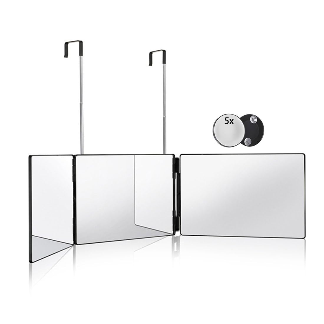 HIEEY 3 Way Mirror for Hair Cutting,360 Trifold Mirror with Height Adjustable Telescoping Hooks,and 5X Magnification,for Makeup, Hair Styling