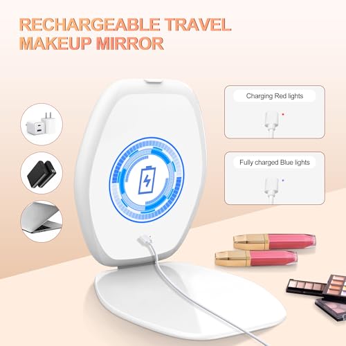 Travel Makeup Mirror with Light: 3 Color Lighting Portable Mirror with Touch Screen Rechargeable Adjustable LED Lights Hexagon Vanity Mirror for Travel, Desk, Home (White)