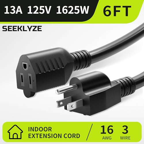 6 FT Black Extension Cord 16/3 – 3 Prong Indoor Power Cable, 13A 125V 1625W for Laptops, Coffee Makers & Home Appliances