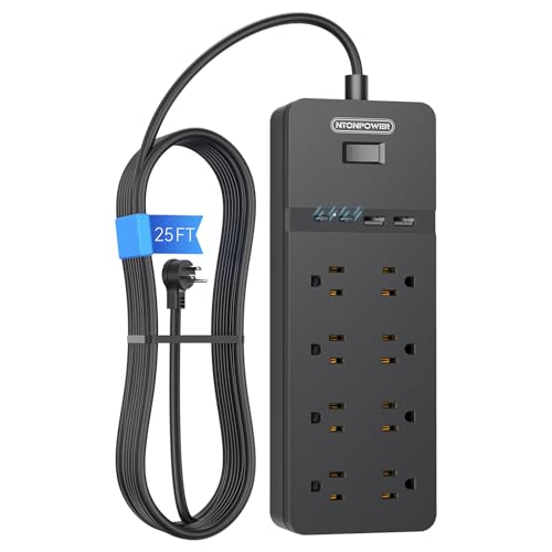 25 ft Extension Cord Flat Plug, NTONPOWER 8 Outlet Surge Protector Power Strip with 4 USB Ports(2 USB C), 15A Circuit Breaker, Wall Mount Surge Protector for Home, Office, Workbench or Garage,Black