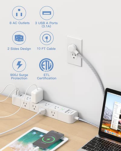 One Beat 10 ft Extension Cord,Power Strip Surge Protector 8 Widely AC Outlets 3 USB,Flat Plug,Desktop Charging Station with Overload Protection,Wall Mount for Home,Office,Travel,Computer ETL Listed