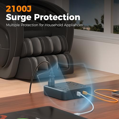 TESSAN 5Ft Black Extension Cord with Multiple Outlets, Surge Protector Power Strip with 6 Outlets and 4 USB Ports (2 USB C), 2100 Joules Protection, Flat Plug, Outlet Extender for Home, Office, Dorm