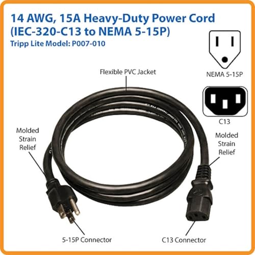 Eaton Tripp Lite Series 15 Amp Standard 10ft Computer Power Cord for PC, Monitor, Laptop & More | UL Listed, Heavy Duty 14 AWG, 5-15P to IEC C13, Replacement 3 Prong AC Power Cable (P007-010)
