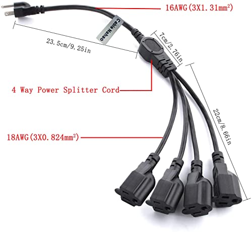 3 Prong 1 to 4 Outlet Power Cord Splitter Cord,Indoor Outdoor Cable Strip Outlet Saver,Power Extension Cable,SJT 16AWG,ETL Approved for Computer, LED Stage Light(20 Inch, Black)