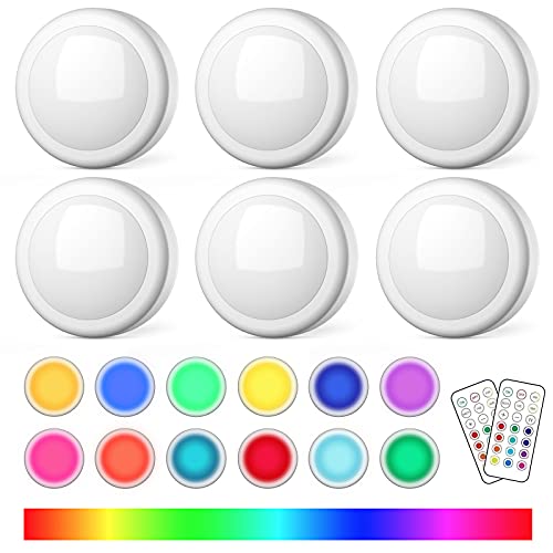 Puck Lights with Remote Control, Battery Operated LED Push Light Wireless, 13 Color RGB - for Closet, Bedroom Wall, Under Cabinet, Battery Powered Puck Lights. Convenient 3M Stick On, 6 Pack