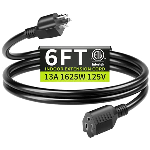 6 FT Black Extension Cord 16/3 – 3 Prong Indoor Power Cable, 13A 125V 1625W for Laptops, Coffee Makers & Home Appliances