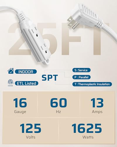 DEWENWILS 3 Outlet Extension Cord with Flat Plug, 25 FT 16/3 Awg Grounded Power Cable for Indoor Use, SPT-3 Cord, White, ETL Listed, 1 Pack
