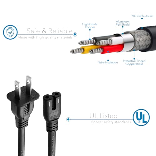 [UL Listed] TV Power Cord 10Ft(3.1m) for Samsung TCL Roku Replacement 2 Prong AC Power Cord UN40 UN43 UN48 UN49 UN50 UN55 UN60 UN70 UN75 UN78 Smart 4K,7A125V Compatible for LG 24" 28"