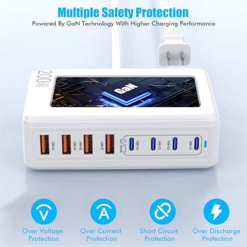 USB C Charger Block,200W GaN 8 Port USB C Charging Station USB Hub Block Cube Type C & USB A Wall Charger Power Adapter for Multiple Devices Apple iPhone 16/15/14,Steam Deck,MacBook Pro/Air,iPad Pro