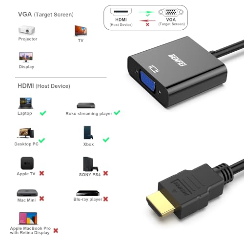 BENFEI HDMI to VGA, Gold-Plated Adapter (Male to Female) for Computer, Desktop, Laptop, PC, Monitor, Projector, HDTV, Chromebook, Raspberry Pi, Roku, Xbox and More - Black