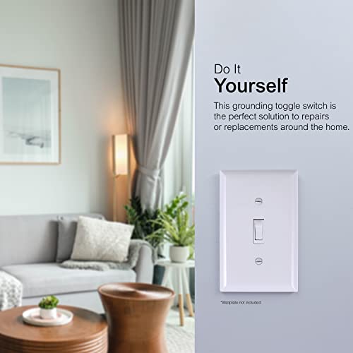 GE Grounding Toggle Switch, Single Pole, in Wall On/Off Fan & Light Switch Replacement, 15 Amp, Great for Home, Office & Kitchen, UL Listed, White, 54161