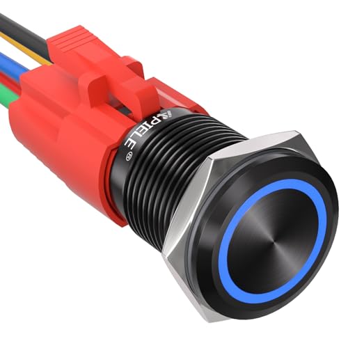 APIELE 16mm Latching Push Button Switch 12V DC On Off Black Shell with LED Angel Eye Head for 0.63" Mounting Hole with Wire Socket Plug Self-Locking (Blue/Black Shell)