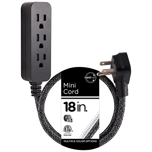 Cordinate Designer Mini 3-Outlet Power Strip, 18 in Braided Extension Cord, Grounded Adapter, Low-Profile Flat Plug, ETL Listed, Black/Dark Heather, 47298