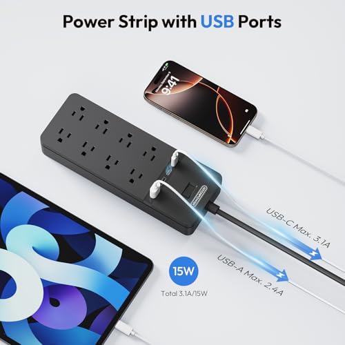 25 ft Extension Cord Flat Plug, NTONPOWER 8 Outlet Surge Protector Power Strip with 4 USB Ports(2 USB C), 15A Circuit Breaker, Wall Mount Surge Protector for Home, Office, Workbench or Garage,Black