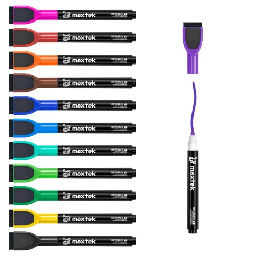 maxtek Magnetic Whiteboard Markers - 12 Count Colorful Fine Tip Dry Erase Markers with Eraser for Kids, Low Odor Thin Markers for Calendar Boards