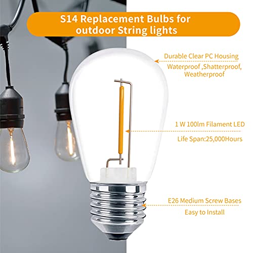 Meconard 24 Pack LED S14 Replacement Light Bulbs, Shatterproof Outdoor 1 Watt to Replace 11Watts String Incandescent Bulb, E26 Regular Medium Screw Base, 2200K Warm White, Non-Dimmable