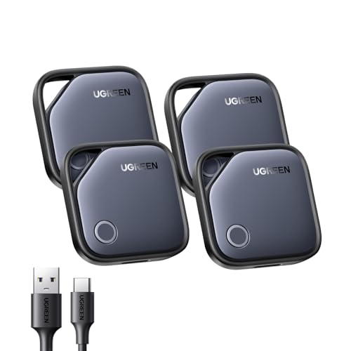 UGREEN FineTrack (iOS Only)Air Tracker Tags 4 Pack, 1-Year USB-C Rechargeable Battery Bluetooth Tracker Compatible with Apple Find My, Item Finder Smart Tag for Key Luggage - [Apple Find My Certified]