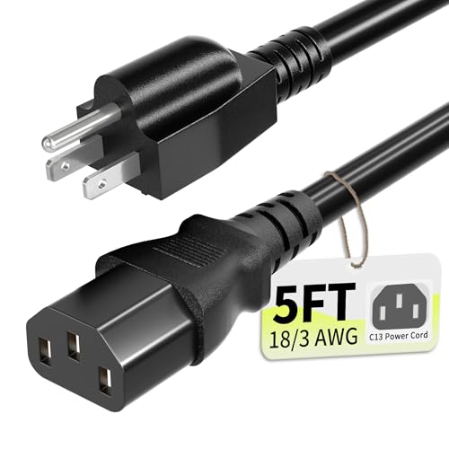 3 Prong 5FT AC Power Cord Cable – NEMA 5-15P to C13, 10A 125V, 18AWG, ETL Listed, for PC, TV, Monitor, Printer, PlayStation, HP, Dell, Lenovo, Apple, Asus