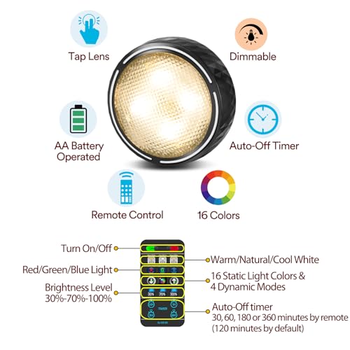 LED Puck Lights with Remote Control, Battery Operated Wireless Closet Light, Under Cabinet Lighting Stick on Tap Push Lights, Color Changing Under Counter Light for Kitchen, 6 Pack - Black