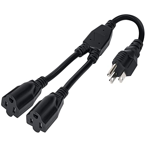 Elecan 3-Prong Y Splitter Power Extension Cord 1 FT, Straight Plug 1 to 2 Way Outlet Space Saver, Heavy Duty Weatherproof SJTW, 16AWG 13A, 5-15P Cable Extender for Indoor Outdoor-UL