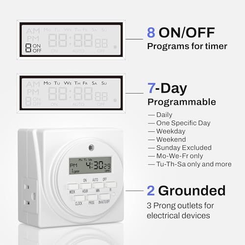 BN-LINK Indoor Digital Timer Outlet, Dual Outlet 7 Day Programmable Light Switch, 3 Prong Plug in Timers for Electrical Outlets, Lamps, Fans, 8 On/Off Programs, 2 Pack, 15A/1875W, ETL Listed