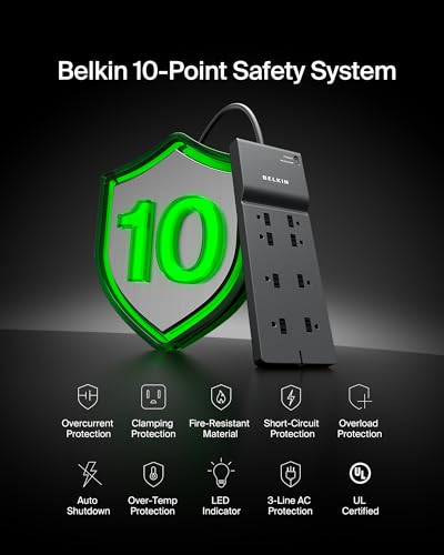 Belkin 8-Outlet Surge Protector w/ 8 AC Outlets & 8ft Long Flat Plug, UL-listed Heavy-Duty Extension Cord for Home, Office, Travel, Computer Desktop, Laptop, Phone Charger - 2,500 Joules of Protection