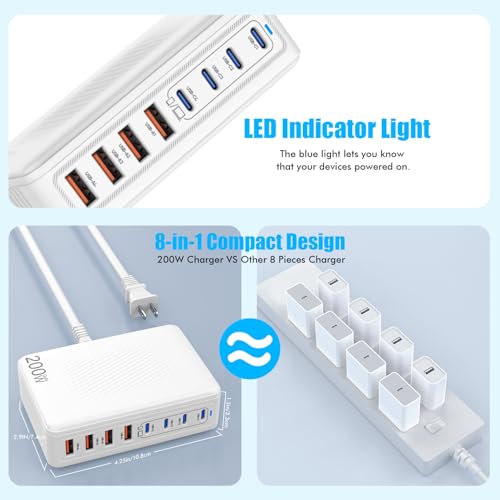 USB C Charger Block,200W GaN 8 Port USB C Charging Station USB Hub Block Cube Type C & USB A Wall Charger Power Adapter for Multiple Devices Apple iPhone 16/15/14,Steam Deck,MacBook Pro/Air,iPad Pro