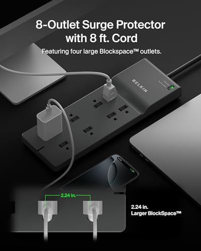 Belkin 8-Outlet Surge Protector w/ 8 AC Outlets & 8ft Long Flat Plug, UL-listed Heavy-Duty Extension Cord for Home, Office, Travel, Computer Desktop, Laptop, Phone Charger - 2,500 Joules of Protection