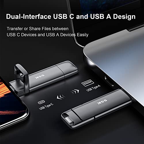 SSK 128GB Dual USB C Flash Drive,2-in-1 Type C+ USB A 3.2 Gen2 Solid State Thumb Drive,Speed Up to 550MB/s Memory Stick Data Storage for iPhone 15,Thunderbolt 3, Android Phone,Tablet,Laptop