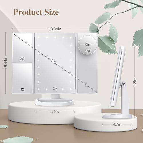 HUONUL Makeup Mirror, Vanity Mirror with Lights, 2X/3X/10X Magnification, Touch Control, Trifold, Dual Power Supply, Gifts for Women, Wife, Mom, Girls,Dorm Room Essentials